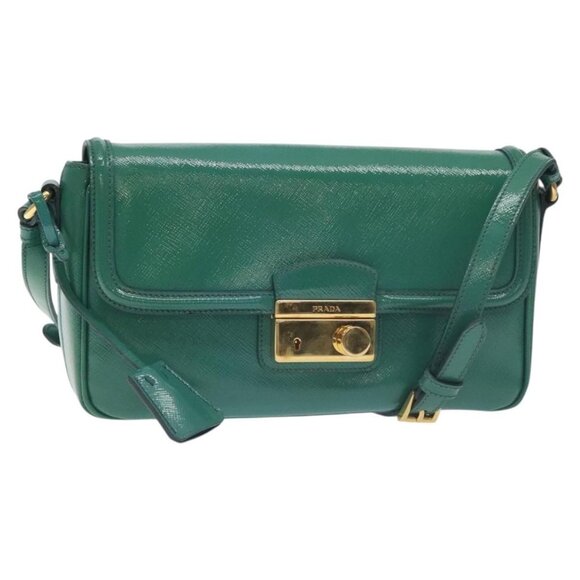 PRADA Shoulder Bag Safiano leather Green Gold Auth - Picture 1 of 15